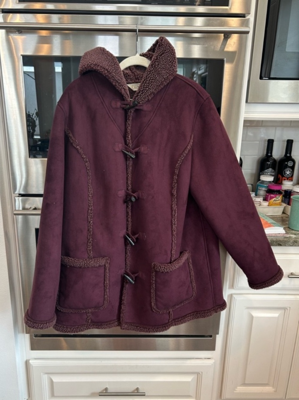 L.L. Bean Coat- Burgundy Hooded Faux Shearling/Sherpa lined jacket size L